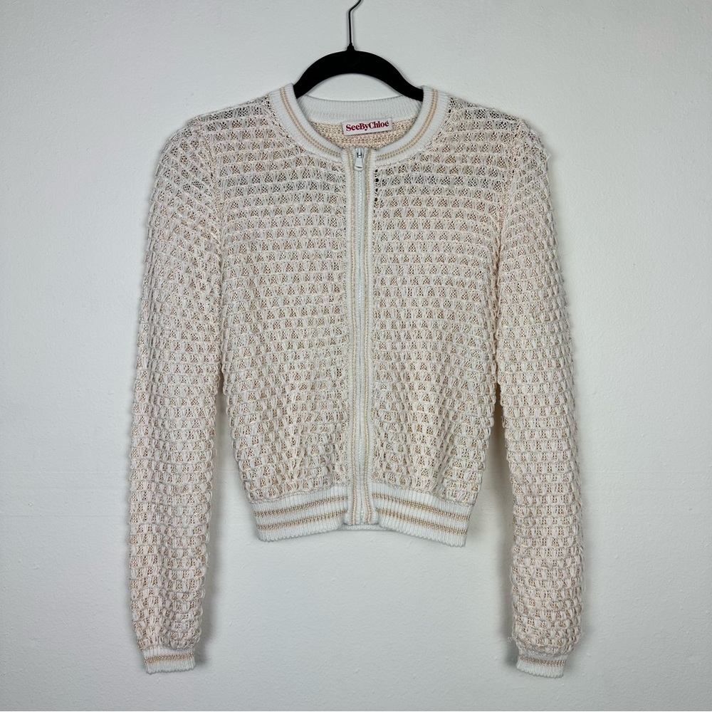 See by Chloe Knit Zip Up Cream Tan Bomber Jacket Sweater Women’s Size 2